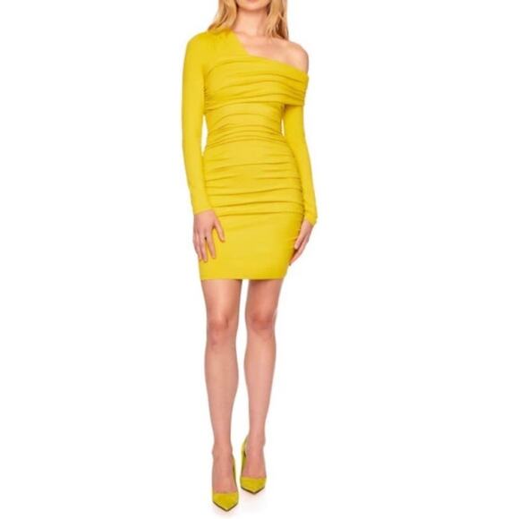 Susana Monaco Ruched Off The Shoulder Long Sleeve Mini Dress Endive Yellow Sz S - Picture 1 of 8